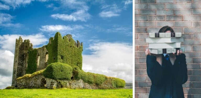 estudiante con libros para aprender inglés y paisaje de Irlanda
