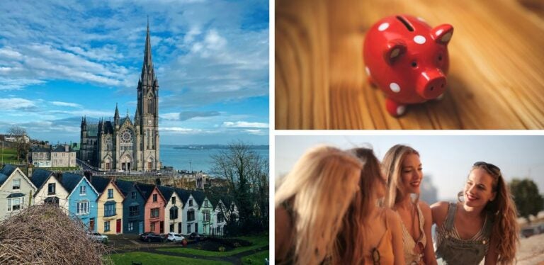 paisaje irlanda, hucha dinero becas y grupo de estudiantes