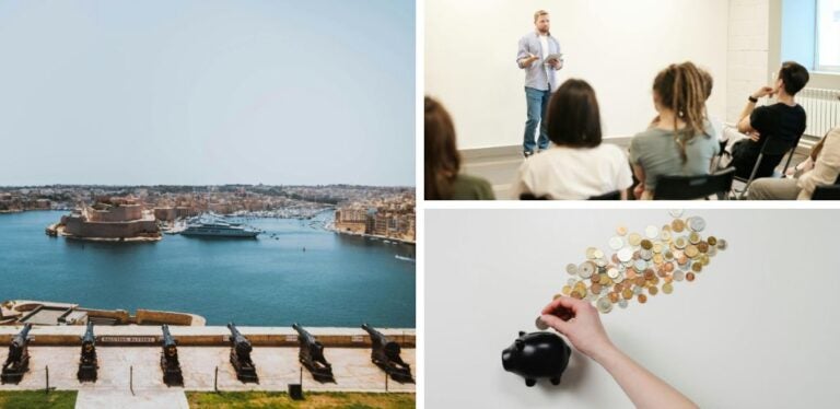 grupo de estudiantes en clase de inglés, vistas de Malta isla y dinero de la beca para estudios