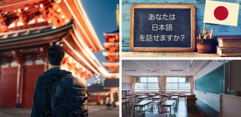 Pizarra con la frase "hablas japonés?, estudiante en Japón y aula típica del país