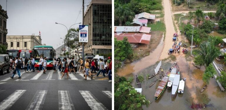 Tráfico en Lima y vistas del río Ucayali en Pucallpa, Perú