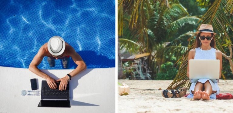 Trabajadores remotos o nómadas digitales trabajando desde la playa y la piscina