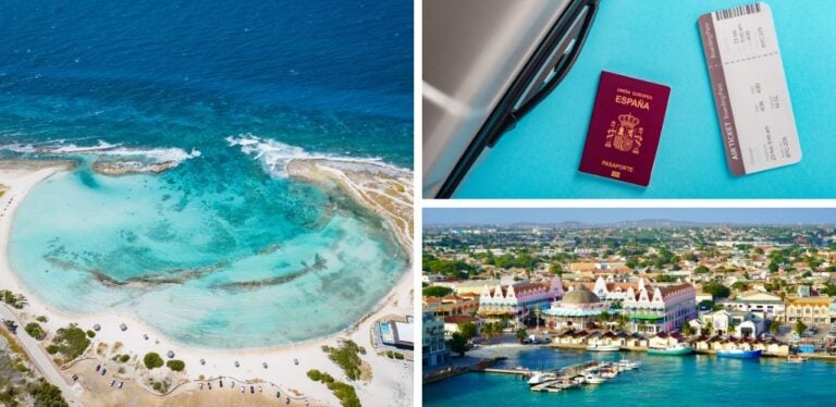 playa de Baby Beach y la costa de Aruba, Caribe, pasaporte español con billete de avión y maleta y  Puerto marítimo de Oranjestad Aruba 
