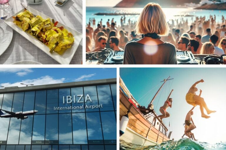 Plato típico de Ibiza, mujer dj en un festival de música, el aeropuerto y gente saltando de una barca al mar.