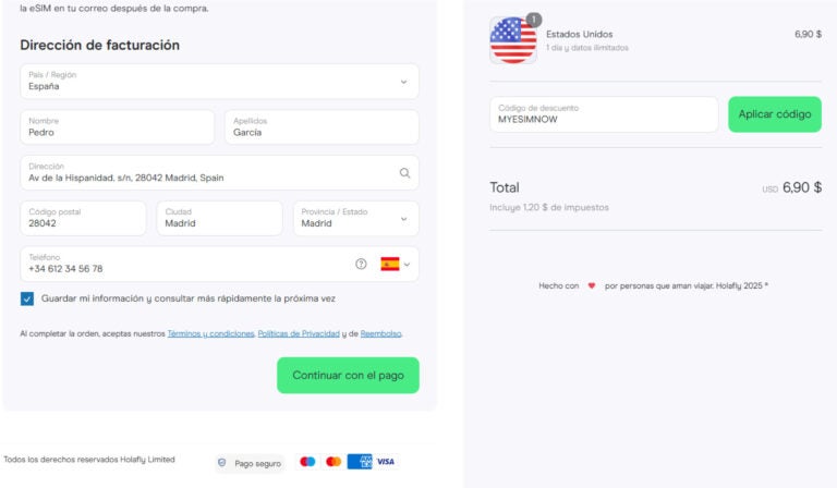 Ejemplo de formulario diligenciado con datos de facturación en la tienda de Holafly