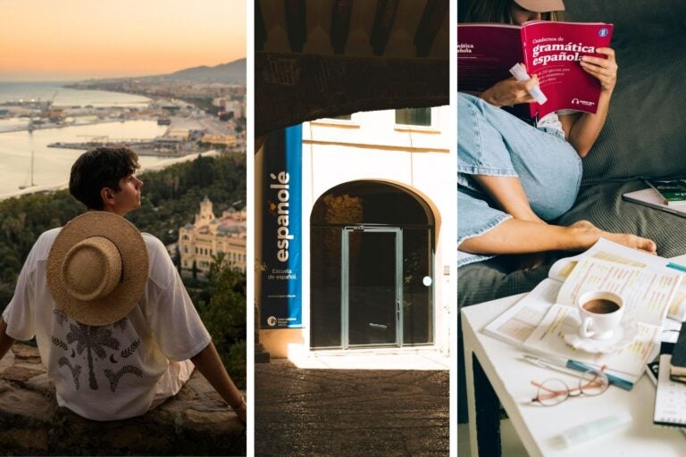 Persona disfrutando del atardecer en Málaga, una escuela de español y una chica estudiando la lengua española.
