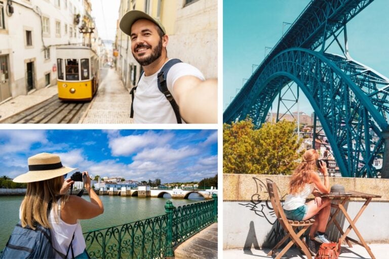 Hombre en Portugal con tranvía amarillo, mujer haciendo foto a un paisaje del país y mujer sentada al lado de un puente.