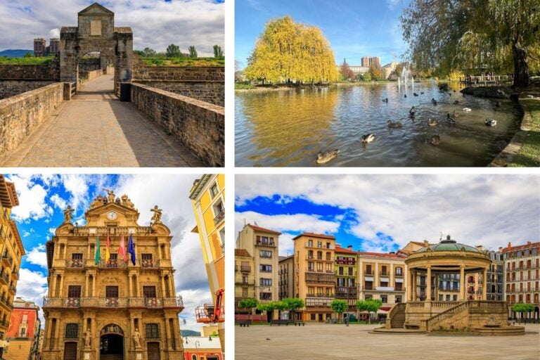 Varios paisajes de Pamplona: catedrales, plazas y parques