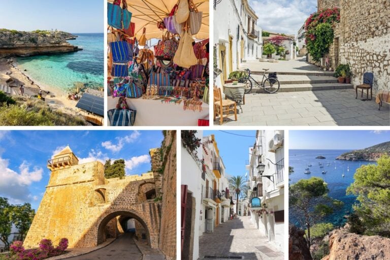 Calles, calas, castillo y puesto de bolsos en Ibiza,