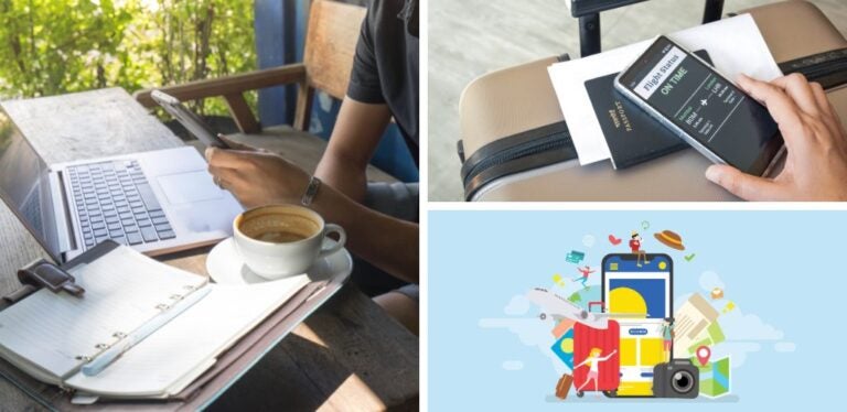 Viajero usando aplicación móvil para encontrar trabajo remoto y app en móvil para gestionar billetes