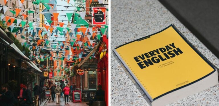 libro para aprender inglés y calle de Dublín