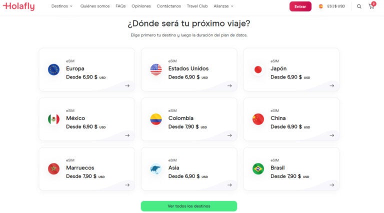Página de inicio de Holafly con eSIM para diferentes destinos