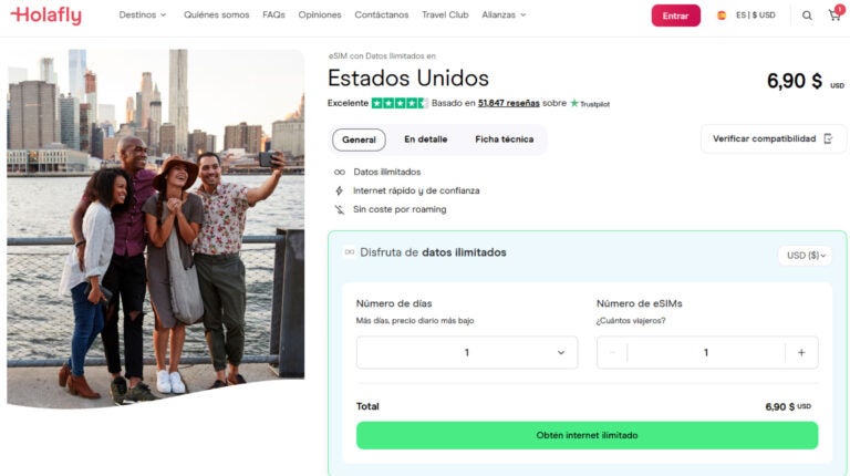 Página con información de los planes de datos eSIM de Holafly por destino