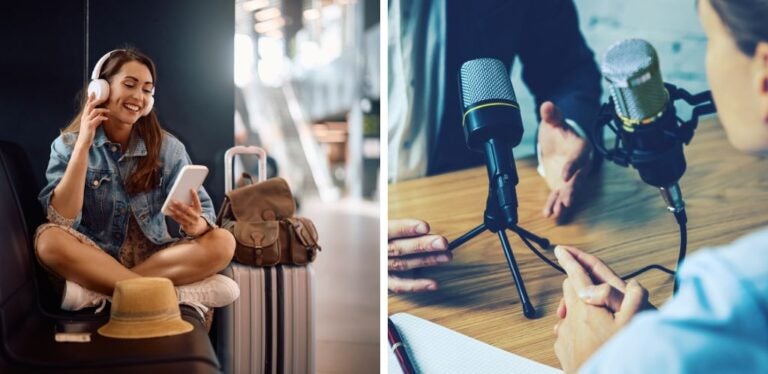Nomadas digitales en entrevista para podcast y nómada digital escuchando un episodio durante uno de sus trayectos