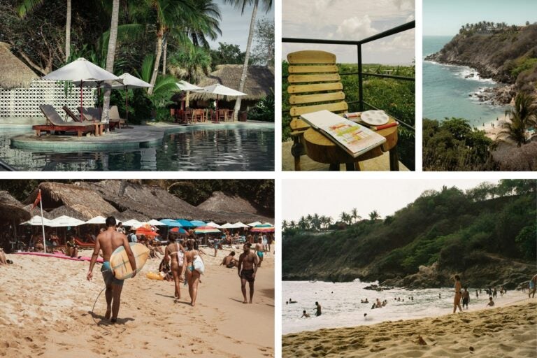 Playas y paisajes de Puerto Escondido, personas con tabla de surf y bañándose en el mar.