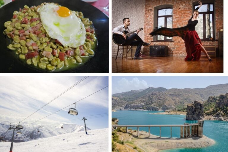Plato típico de Granada de habas con jamón, chica bailando flamenco y chico tocando la guitarra, parque de Sierra Nevada.