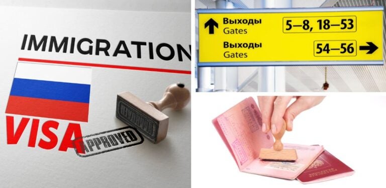 Visa rusa, sello de visado para viajar a Rusia desde España y cartel de aeropuerto de Moscú
