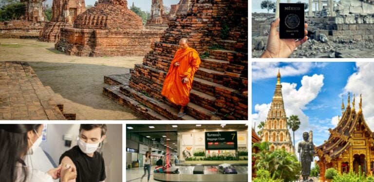 Requisitos para viajar a Tailandia desde México en 2025: viajero poniéndose vacuna, templos tailandeses, monje en Tailandia y aeropuerto de Bangkok