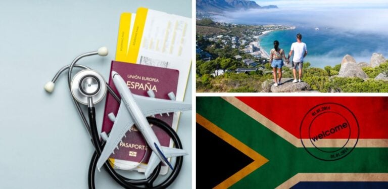 pasaporte de españa con billetes de avión y seguro médico; en el mirador The Rock en Ciudad del Cabo sobre Campsbay, vista sobre Camps Bay; sello de entrada a Sudáfrica