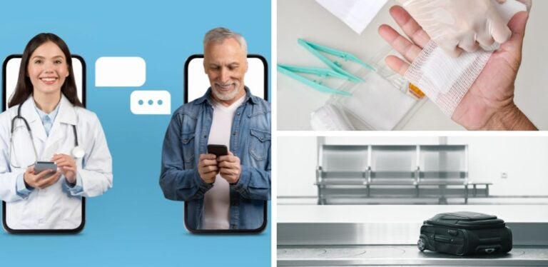 doctora atendiendo por telefono a paciente, ventaje y maleta perdida en aeropuerto