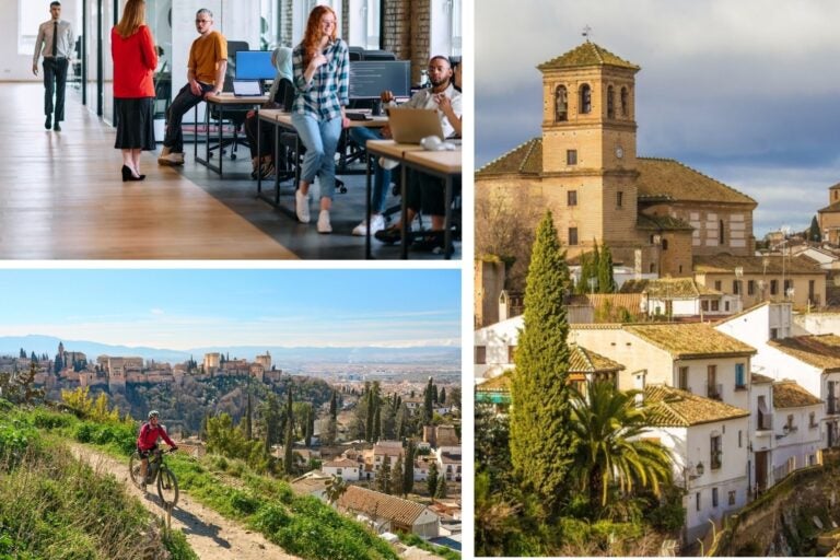 Gente trabajando en un coworking, una persona en bici con vistas a la Alhambra y el barrio de Albaicín.