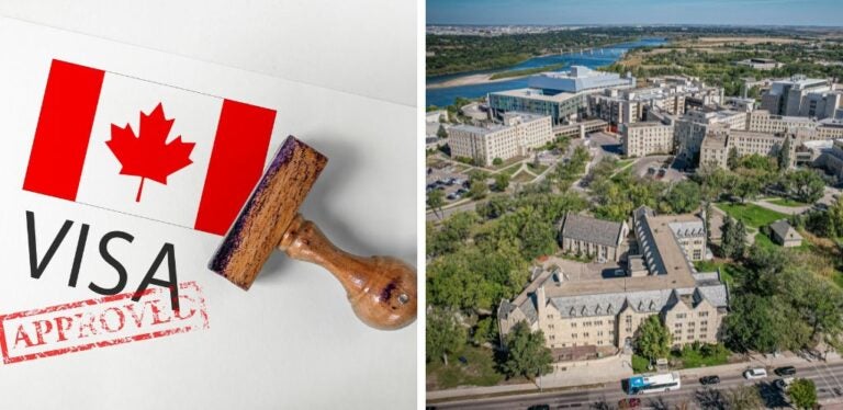 Vistas de la Universidad de Saskatchewan y sello de visa de estudiante de Canadá aprobada
