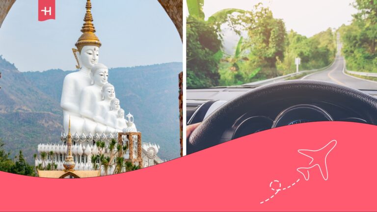 En una imagen hay un monumento de budas en Tailandia y en otra una persona conduciendo un coche por una carretera tailandesa.