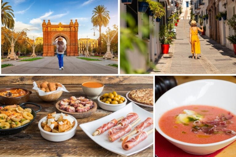 Gastronomía mediterránea y dos viajeras paseando bajo las soleadas calles españolas.