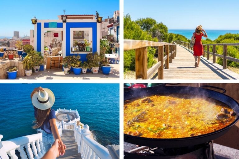 Paella valenciana, una chica en el Mirador de Benidorm, otra chica de rojo en las pasarelas de madera de la playa y una casita azul y blanca del Casco Antiguo.