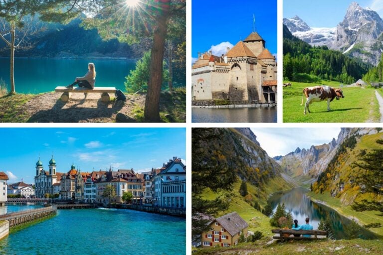 Diferentes paisajes de Suiza, lagos, castillos y ciudades.
