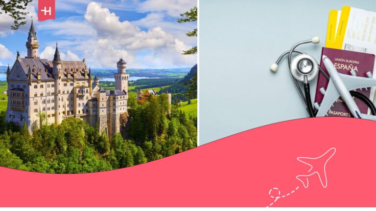 Castillo de Neuschwanstein en los Alpes bávaros y en otra imagen pasaporte de España con billetes de vuelo.