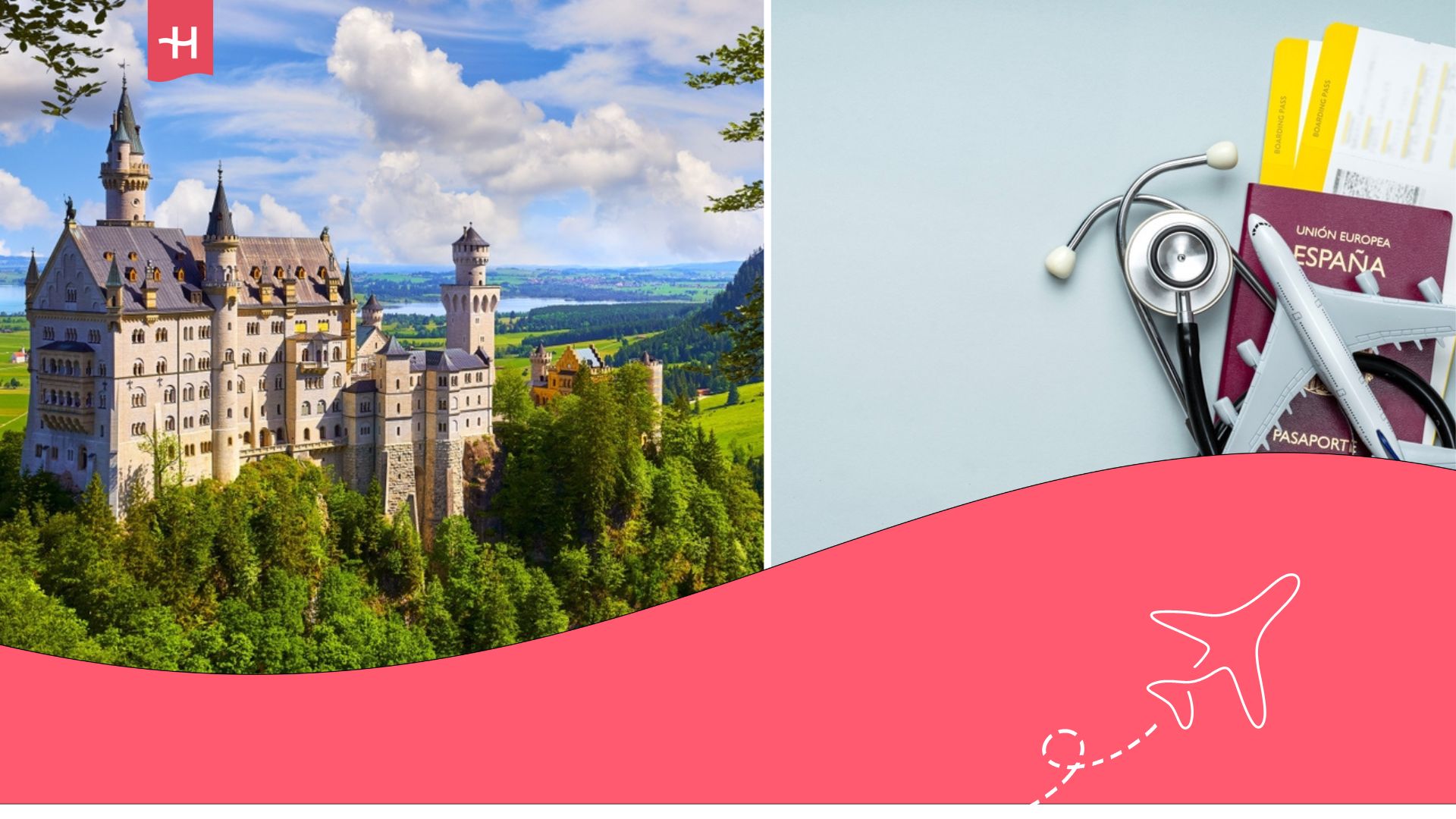 Castillo de Neuschwanstein en los Alpes bávaros y en otra imagen pasaporte de España con billetes de vuelo.