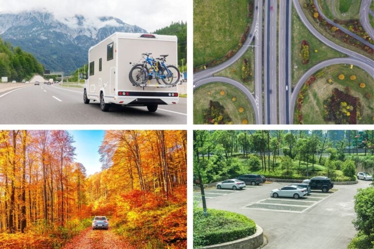 Viajar en carretera por Alemania con una autocaravana, un coche en el bosque y aparcamientos.