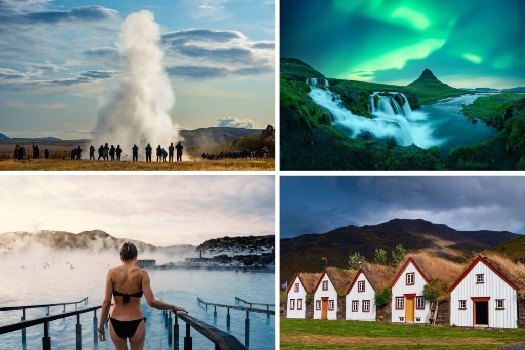 Glaciar de Islandia, auroras boreales, chica bañándose en las aguas termales de Blue Lagoon y museo.