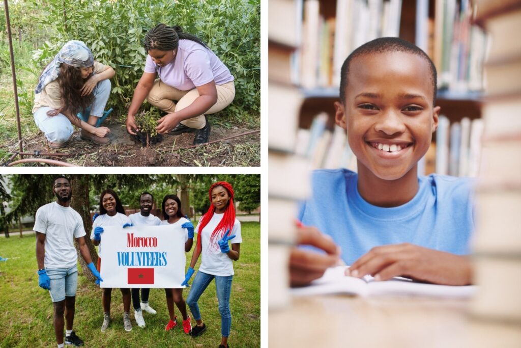 Dos voluntarias en Marruecos plantando árboles, un niño sonriendo y estudiando y un grupo de voluntarios sonrientes con un cartel en las manos.