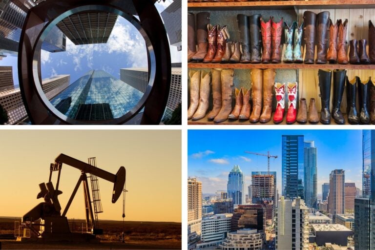 Petroleras, tiendas de botas de cowboy y edificios de oficinas en Texas.