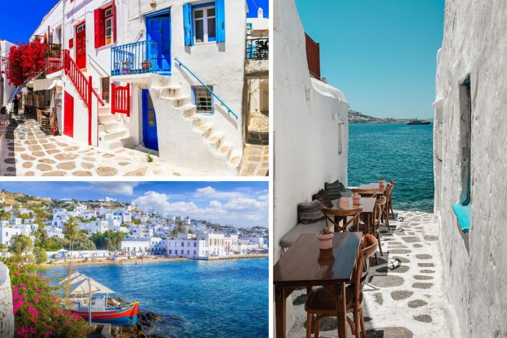 Casitas blancas con puertas en rojo y azul en Mykonos y playa con barcos
