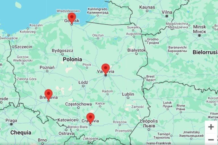 Mapa de ubicación de las principales ciudades turísticas en Polonia.