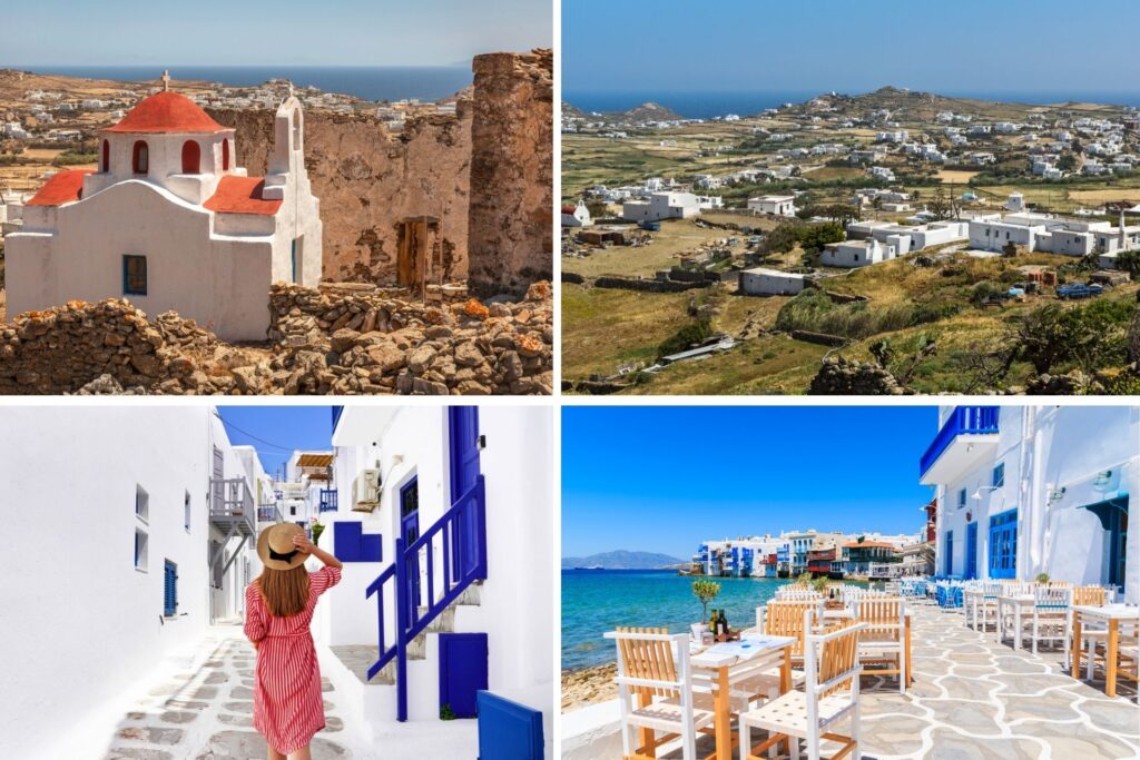 Pueblo de Ano Mero, mujer paseando por Mykonos Town y cafetería con vistas al mar.