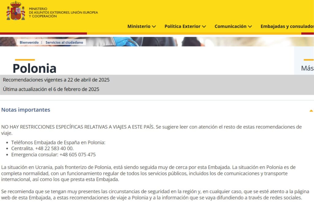 Recomendaciones de seguridad oficiales para viajar a Polonia desde España.
