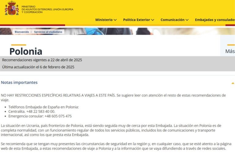Recomendaciones de seguridad oficiales para viajar a Polonia desde España.