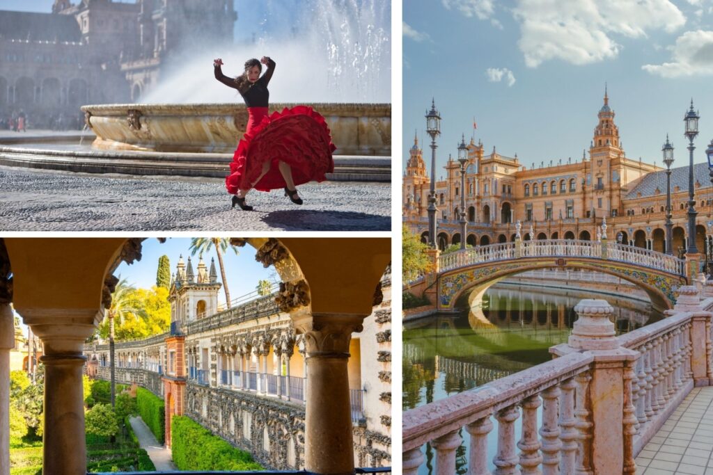 Plaza de España en Sevilla con una mujer bailando flamenco con una falda roja.