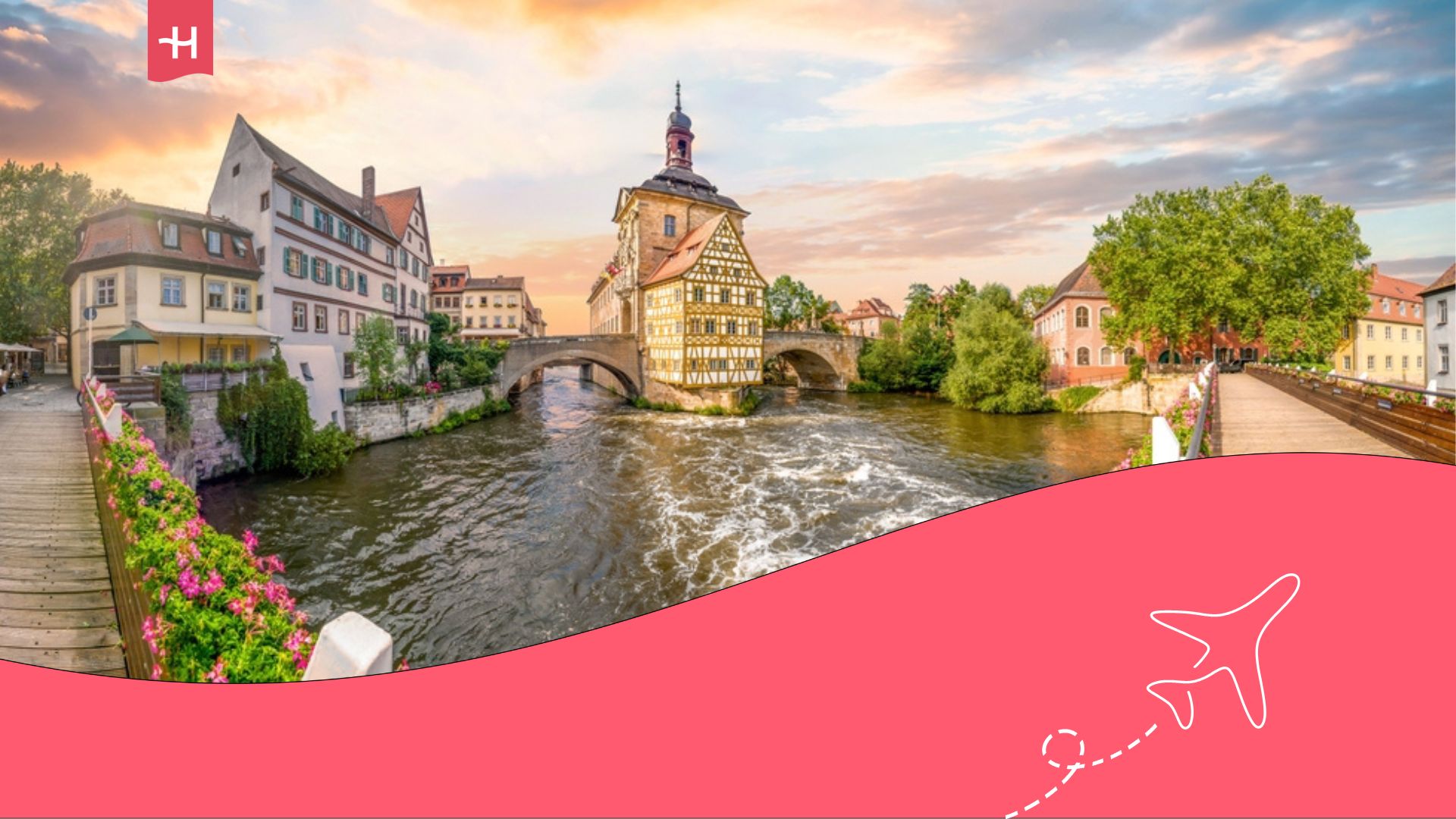Ciudad de Bamberg en Alemania, edificios sobre un río.