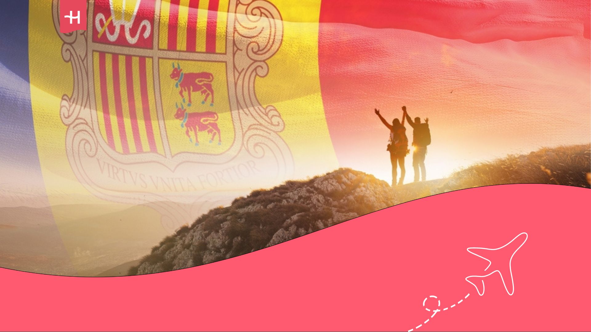 Dos personas en una montaña en Andorra y la bandera del país al fondo