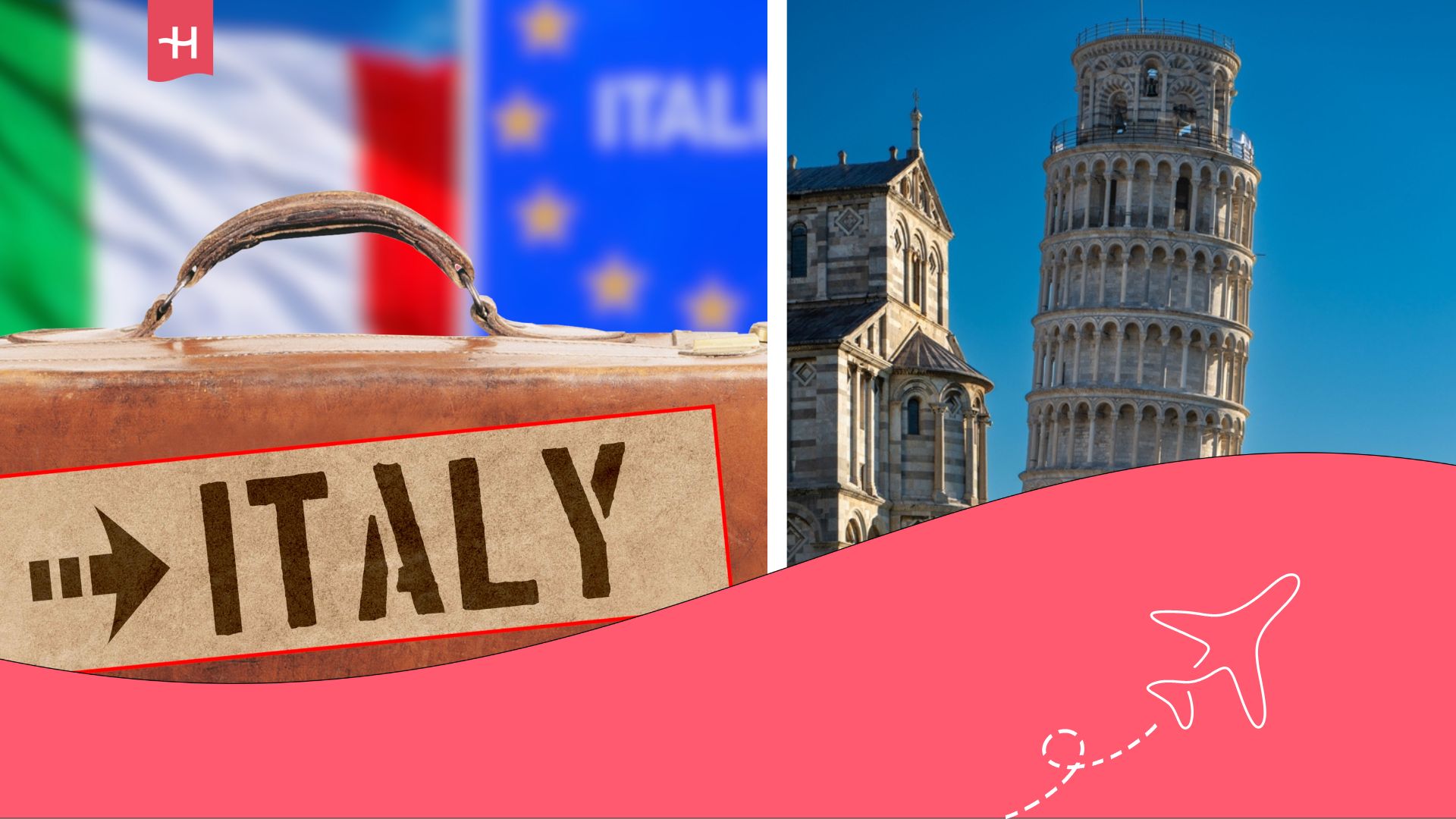 Torre de Pisa y en otra imagen una maleta con el nombre de Italy.