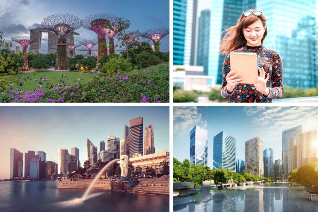 Ciudad de Singapure con Marina Bay Sands, y chica con tablet trabajando.