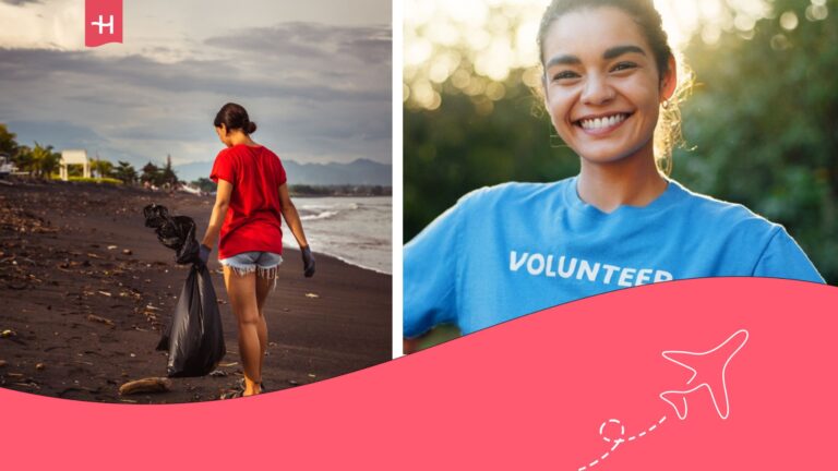 Imagen de chica recogiendo basura en una playa de Bali y chica con camisera azul que pone "volunteer"