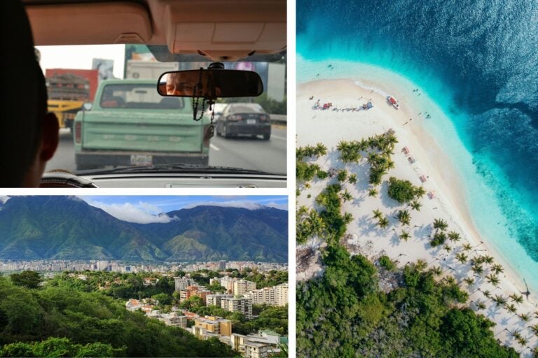 Hombre conduciendo en Venezuela, vista aérea de Carcas y playa.