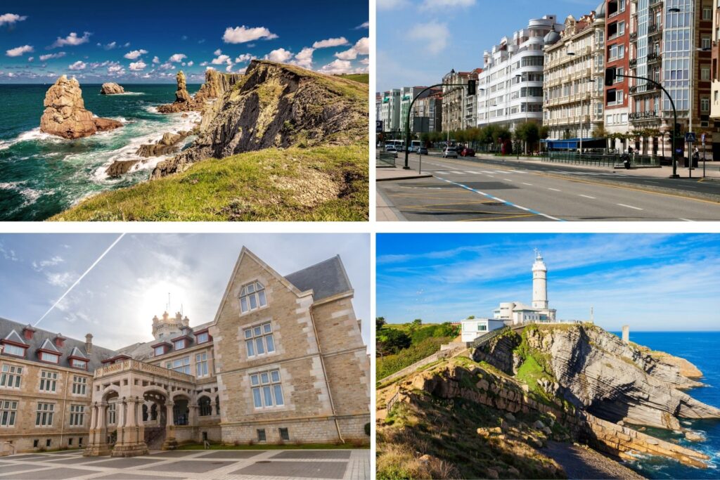 Ciudad de Santander, edificios, faro y acantilados.