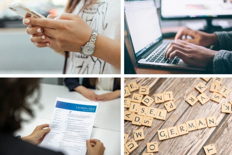 Imagenes sueltas de un Cv, unas manos escribiendo en pc, un móvil y la palabra German escrita